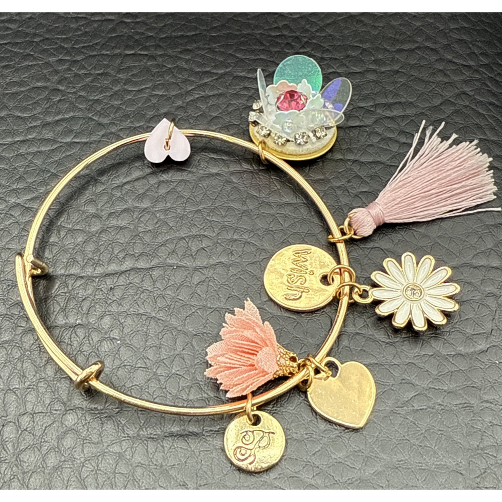 Plunder Charm Bracelet Pink Flower Heart Tassel Adjustable 6.5 - 7.5 in‎